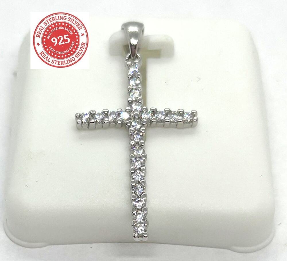 925 Sterling Silver CZ Cubic Zirconia Cross Pendant Necklace 38mm 1.5"